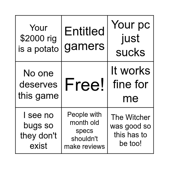 Cyberpunk Fanboys Bingo Card