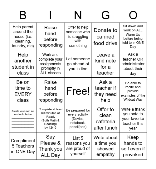 CIS - Acts of Kindness (December) Bingo Card
