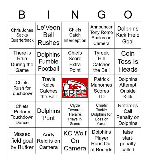 Chiefs vs Dolphins BINGO Card