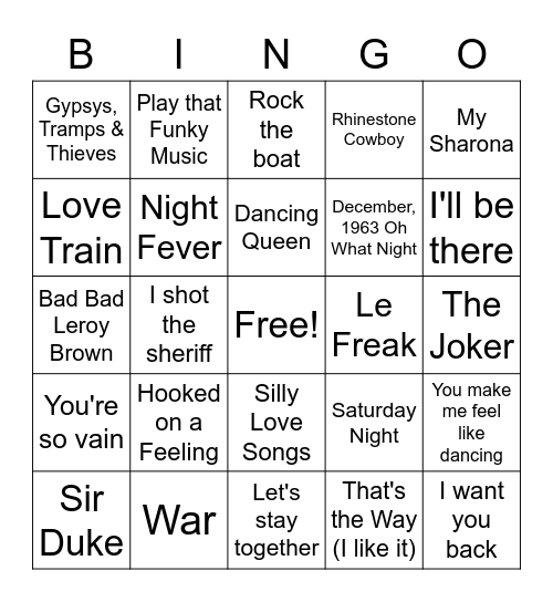 70's Bingo Card