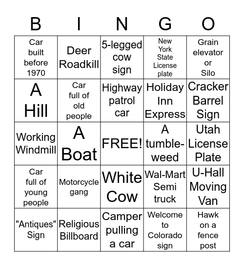 Kansas Roadtrip Bingo Card