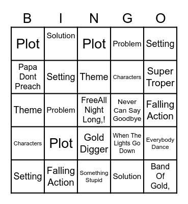 Plot Elments Bingo Card