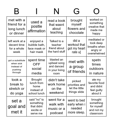 Self Care Bingo Card