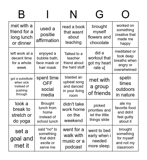 Self Care Bingo Card