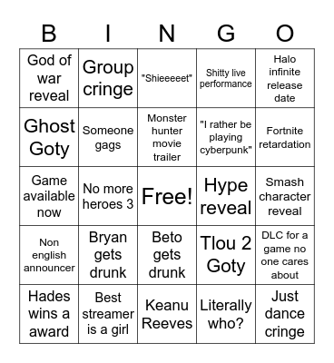 Game awards Bingo Card