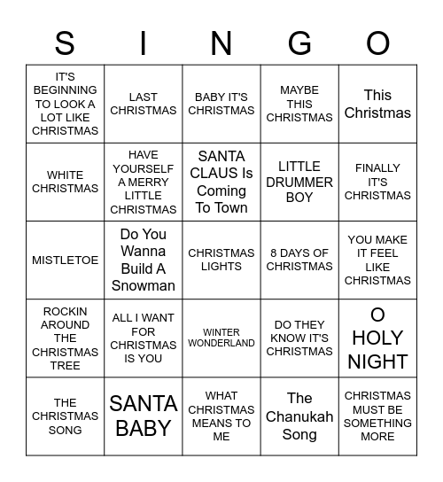 Holiday HITS Bingo Card