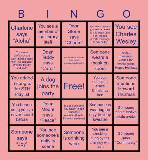 STH Holiday Party Bingo Card