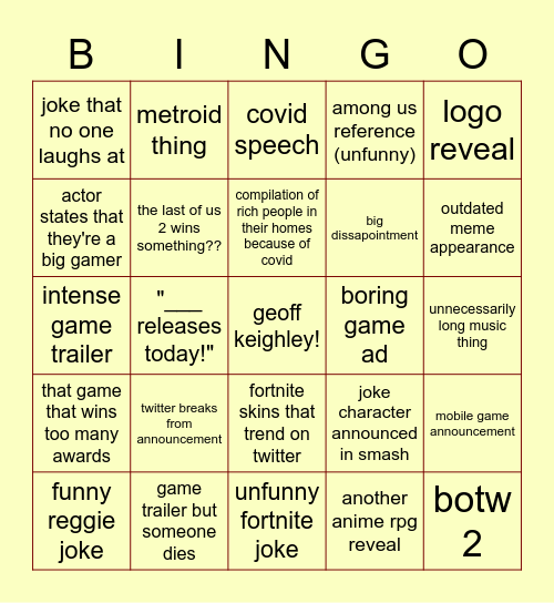 GAME AWARDS BINGO Card