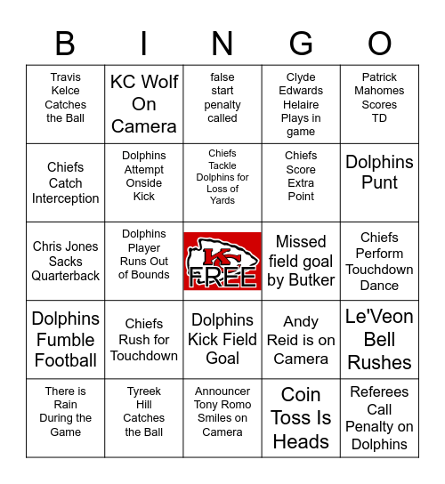 Chiefs vs Dolphins Bingo Card