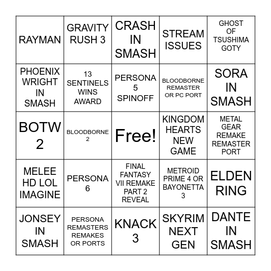 TGA 2020 Bingo Card