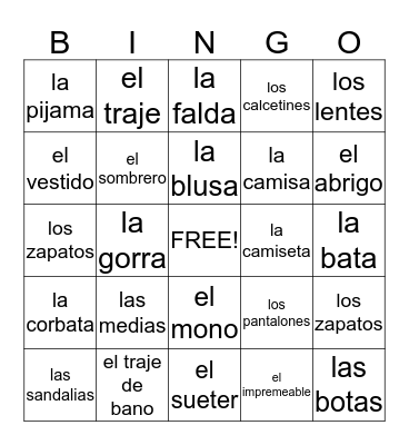 que ropa llevas Bingo Card