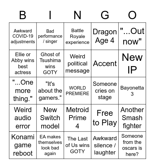 The Game Awards 2020 Bingo Card