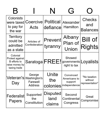Semester Review Bingo Card