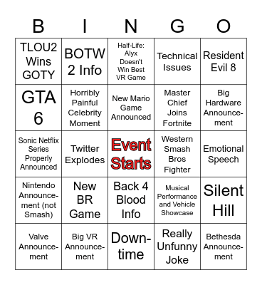 The Game Awards 2020 Bingo Enthusiast Bingo Board Bingo Card