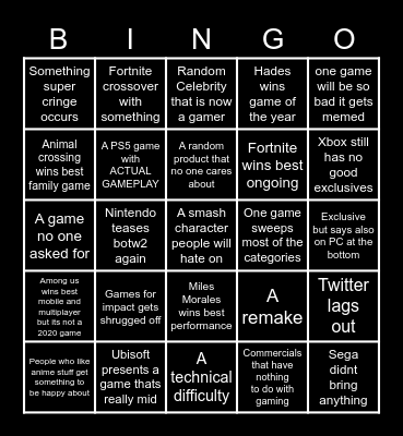 Game Awards Bingo Card