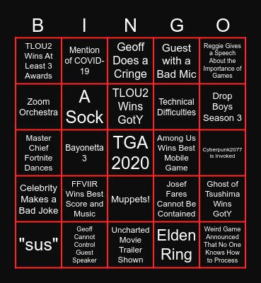 The Game Awards 2020 Bingo Card