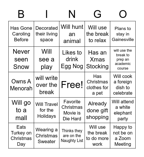 EGH Holiday Card Bingo Card