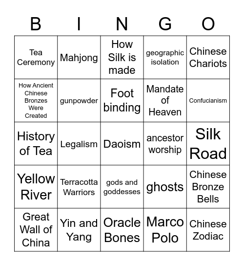 Ancient China Exploration Bingo Card