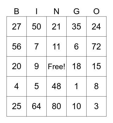 Multiplication and Division Bingo Card