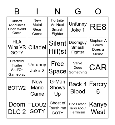 Game Awards 2020 Bingo Card