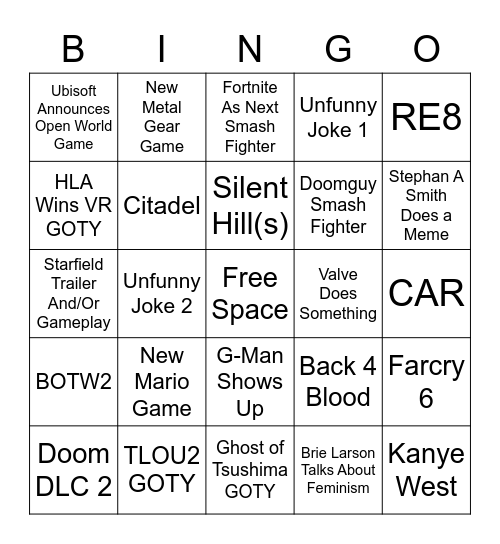 Game Awards 2020 Bingo Card