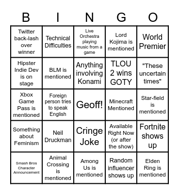 Game Awards 2020 Big Rona Edition Bingo Card