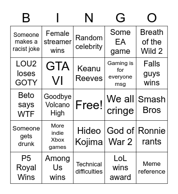 Game Awards 2020 Bingo Card