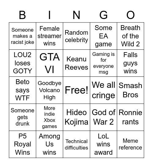 Game Awards 2020 Bingo Card