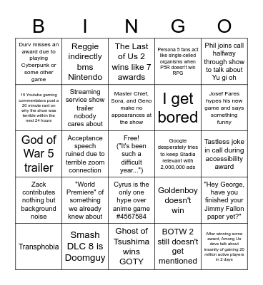 The Game Awards 2020 Bingo Card