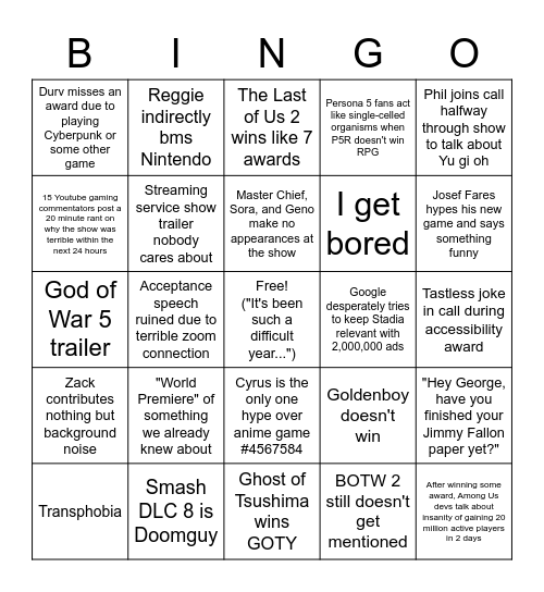 The Game Awards 2020 Bingo Card