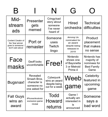 The Game Awards 2020 Bingo Card