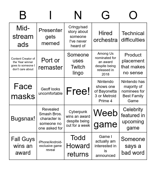 The Game Awards 2020 Bingo Card