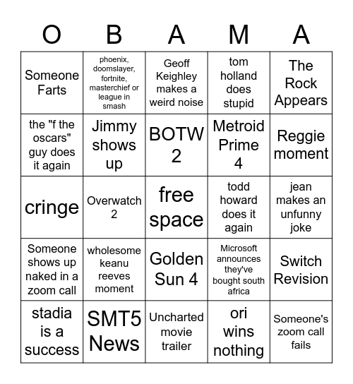 2020 Game Awards Bingo Card