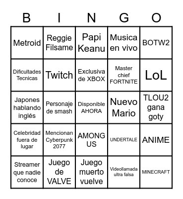 Game Awards 2020 Bingo Card