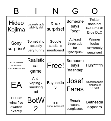 The Game Awards 2020 Bingo Card