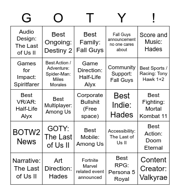 Game Awards Bingo Card