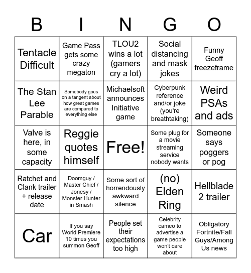 pan's award winning bingo Card