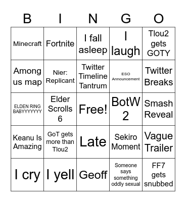 Game Awards Bingo Card