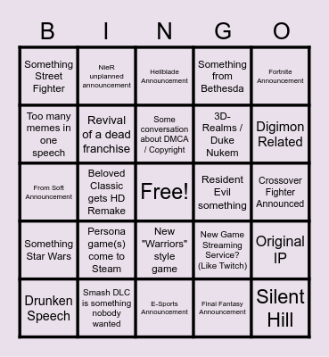 The Game Awards 2020 Bingo Card