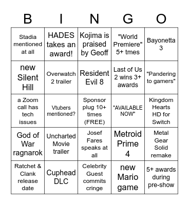 The Game Awards 2020 Bingo Card