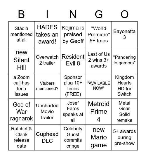 The Game Awards 2020 Bingo Card