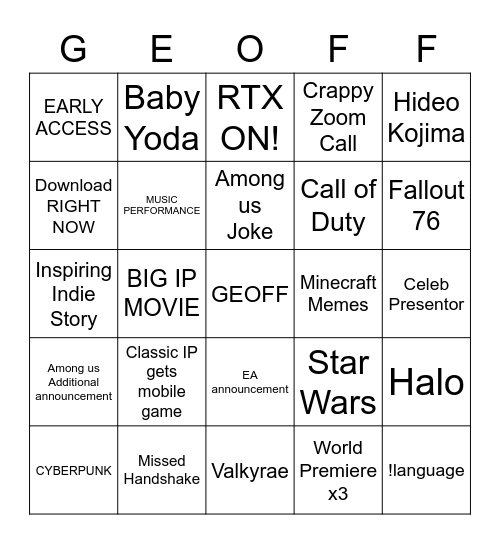 Arkas Game Awards Bingo Card