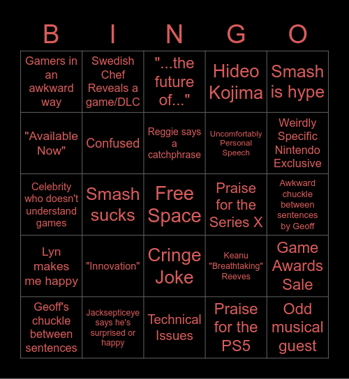 The Game Awards Bingo Card Bingo Card