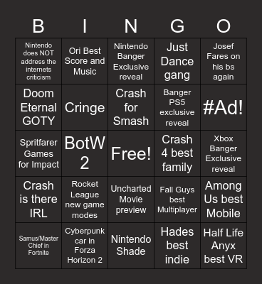 The Game Awards 2020 Bingo Card