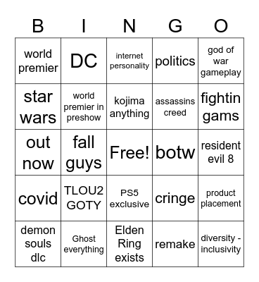 GAme awards Bingo Card