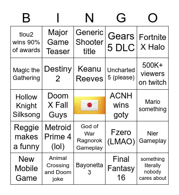 tga 2020 Bingo Card