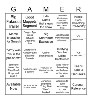 Game Awards Bingo Card