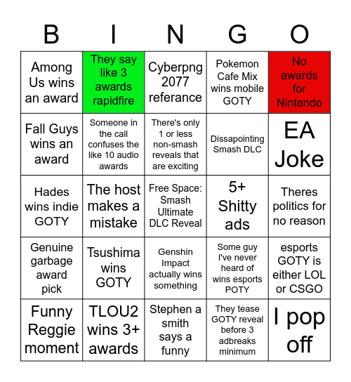 the game awards 2020 Bingo Card
