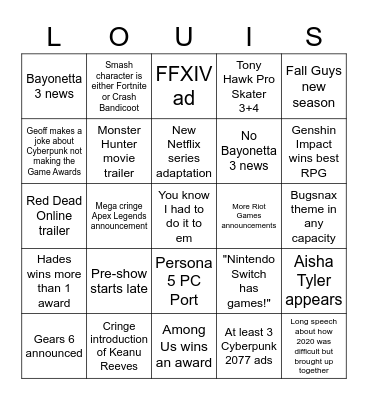 Sprite Shack TGAs 2020 Bingo Card