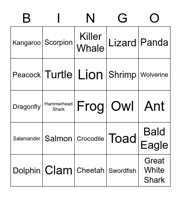 Animal Bingo Card